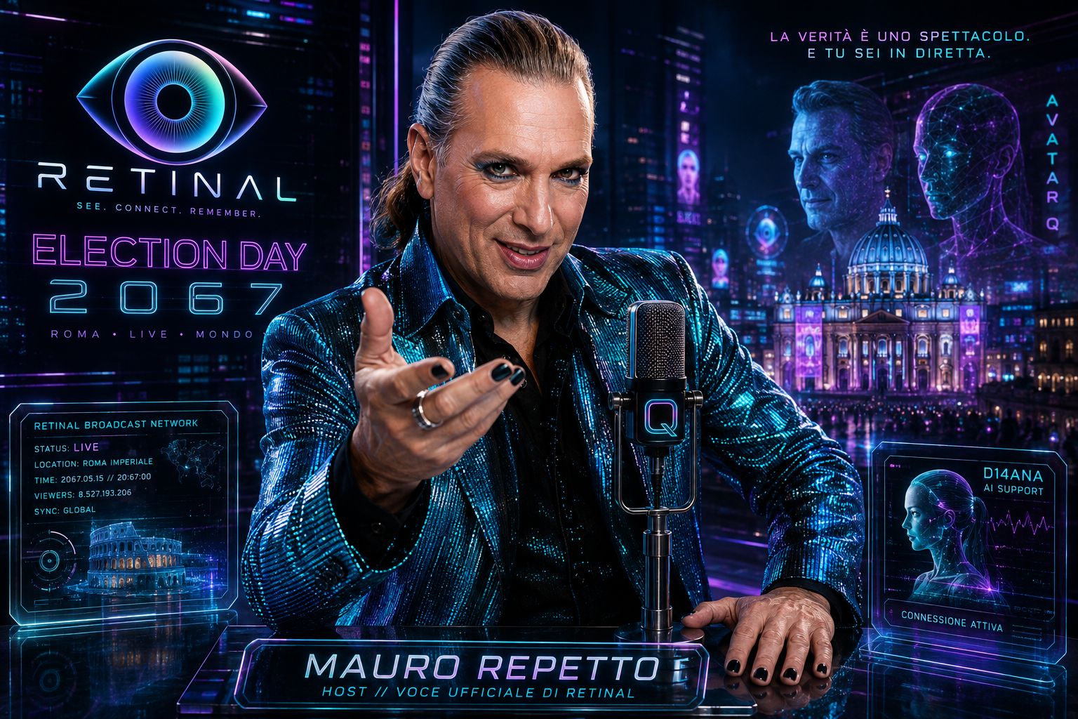 Retinal Flash broadcasting live from a futuristic studio in Rome, 2067