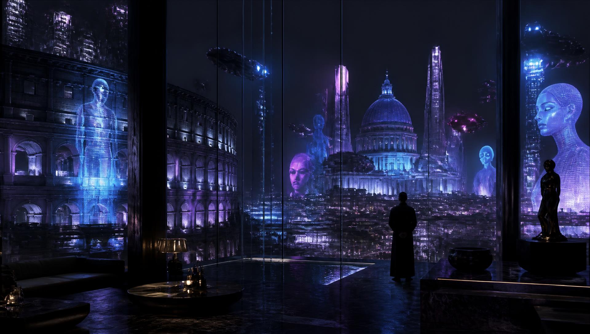 Rome in 2067, monumental architecture merged with holographic megastructures